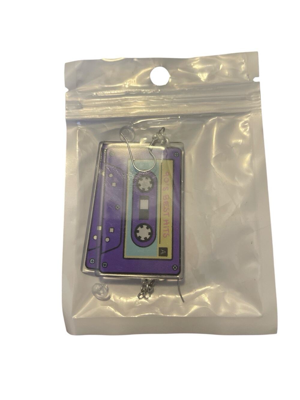 UNBRANDED SLIVER DANGLES EARRING OF A PURPLE CASSETTE TAPE